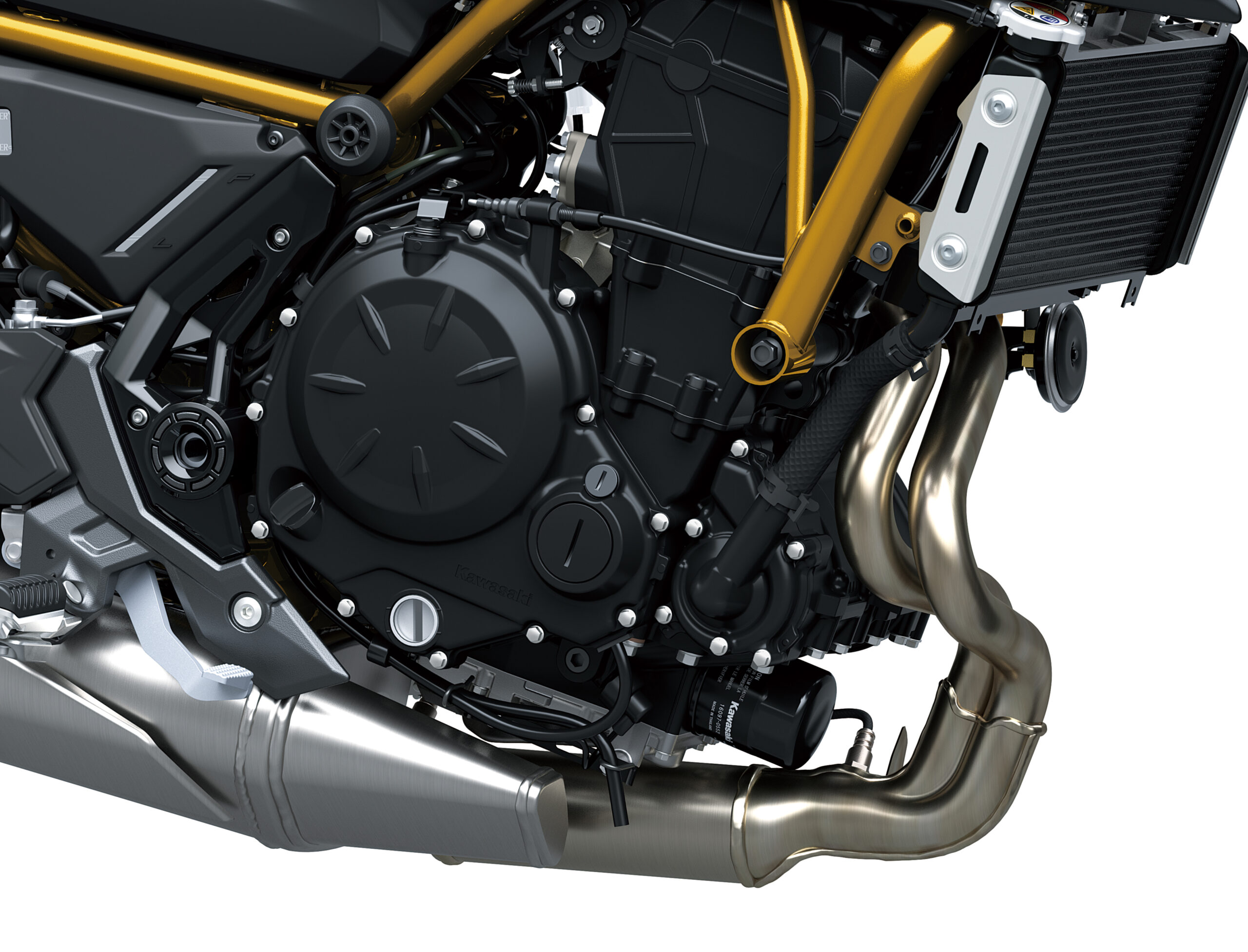 Detail van de 649cc paralleltwin van de Kawasaki Z650 S 2025